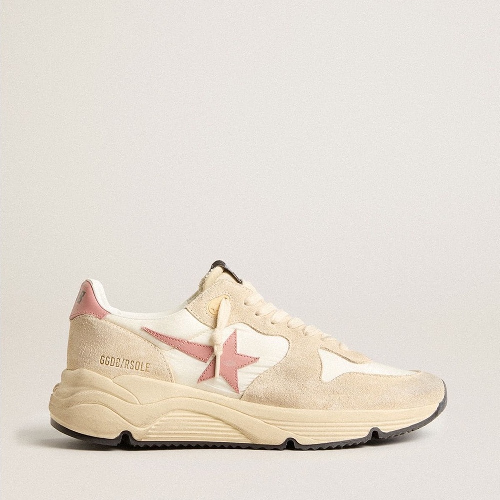 Golden Goose Running Sole in Beige Nylon with Pink Leather Star and Heel Tab